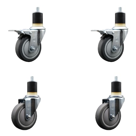 Service Caster 4'' SS Thermoplastic Rubber Swivel 1-7/8'' Expanding Stem Caster Set 2 Total Lock Brakes, 4PK SCC-SSEXTTL20S414-TPRB-2-S-2-178